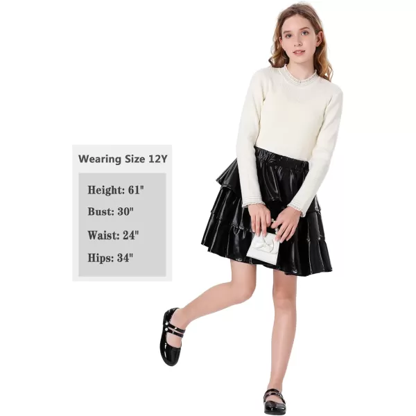 Mebius Girls Leather Metallic Skirt Elastic Waist with Shorts Pockets Tiered Ruffle Skirts Party 612YBlack Three Layers