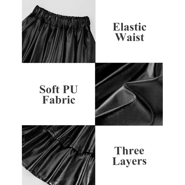 Mebius Girls Leather Metallic Skirt Elastic Waist with Shorts Pockets Tiered Ruffle Skirts Party 612YBlack Three Layers