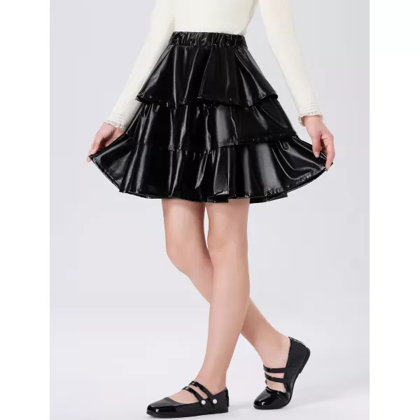 Mebius Girls Leather Metallic Skirt Elastic Waist with Shorts Pockets Tiered Ruffle Skirts Party 612YBlack Three Layers