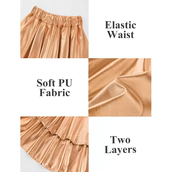 Mebius Girls Leather Metallic Skirt Elastic Waist with Shorts Pockets Tiered Ruffle Skirts Party 612YChampagne Gold