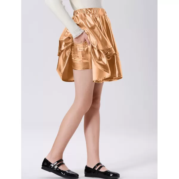 Mebius Girls Leather Metallic Skirt Elastic Waist with Shorts Pockets Tiered Ruffle Skirts Party 612YChampagne Gold