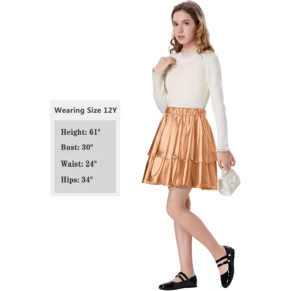 Mebius Girls Leather Metallic Skirt Elastic Waist with Shorts Pockets Tiered Ruffle Skirts Party 612YChampagne Gold