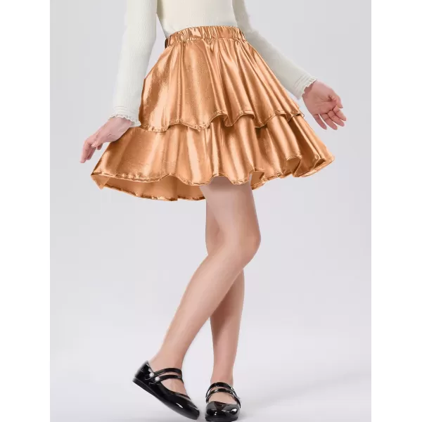 Mebius Girls Leather Metallic Skirt Elastic Waist with Shorts Pockets Tiered Ruffle Skirts Party 612YChampagne Gold