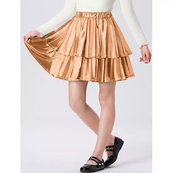 Mebius Girls Leather Metallic Skirt Elastic Waist with Shorts Pockets Tiered Ruffle Skirts Party 612YChampagne Gold