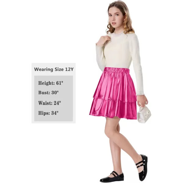 Mebius Girls Leather Metallic Skirt Elastic Waist with Shorts Pockets Tiered Ruffle Skirts Party 612YRose Red