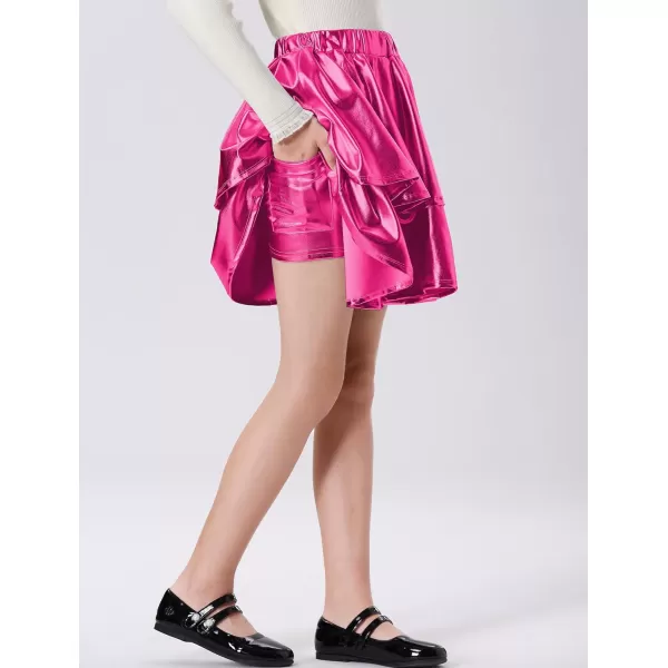 Mebius Girls Leather Metallic Skirt Elastic Waist with Shorts Pockets Tiered Ruffle Skirts Party 612YRose Red