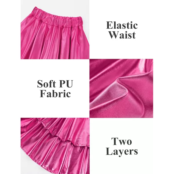 Mebius Girls Leather Metallic Skirt Elastic Waist with Shorts Pockets Tiered Ruffle Skirts Party 612YRose Red