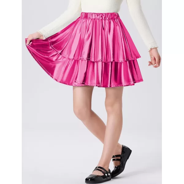 Mebius Girls Leather Metallic Skirt Elastic Waist with Shorts Pockets Tiered Ruffle Skirts Party 612YRose Red