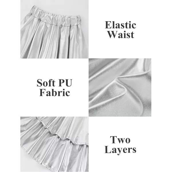 Mebius Girls Leather Metallic Skirt Elastic Waist with Shorts Pockets Tiered Ruffle Skirts Party 612YSilver