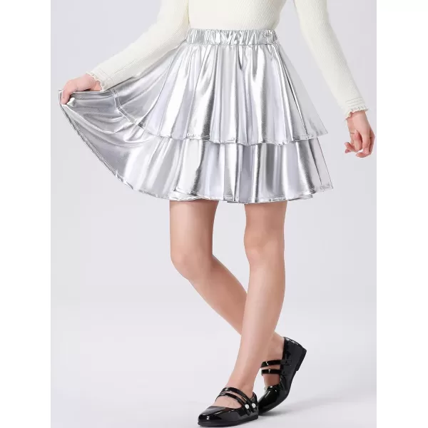 Mebius Girls Leather Metallic Skirt Elastic Waist with Shorts Pockets Tiered Ruffle Skirts Party 612YSilver