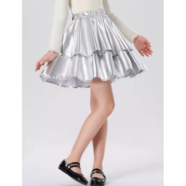 Mebius Girls Leather Metallic Skirt Elastic Waist with Shorts Pockets Tiered Ruffle Skirts Party 612YSilver