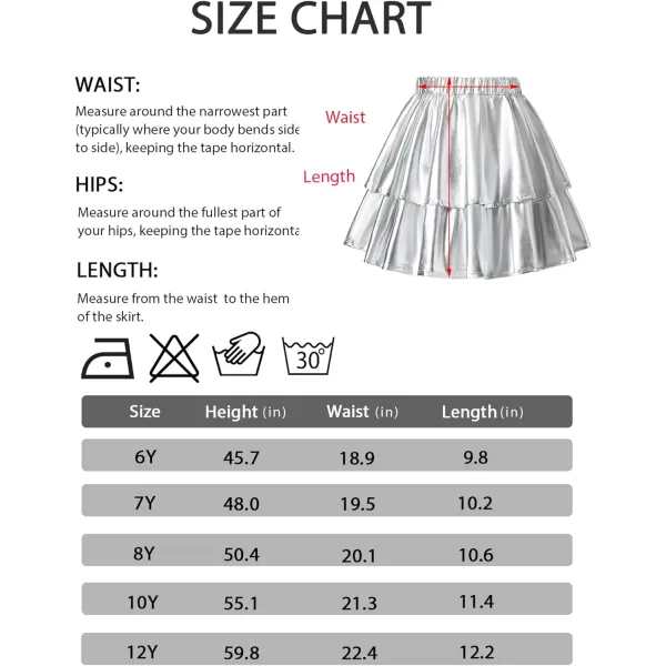 Mebius Girls Leather Metallic Skirt Elastic Waist with Shorts Pockets Tiered Ruffle Skirts Party 612YSilver
