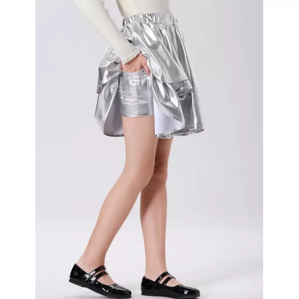 Mebius Girls Leather Metallic Skirt Elastic Waist with Shorts Pockets Tiered Ruffle Skirts Party 612YSilver