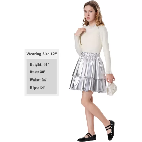 Mebius Girls Leather Metallic Skirt Elastic Waist with Shorts Pockets Tiered Ruffle Skirts Party 612YSilver