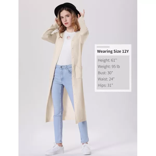 Mebius Girls Long Cardigan Sweaters Open Front Button Down V Neck Long Sleeve Knit Outwear with Pockets 612YBeige
