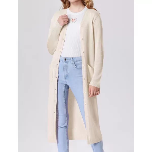 Mebius Girls Long Cardigan Sweaters Open Front Button Down V Neck Long Sleeve Knit Outwear with Pockets 612YBeige