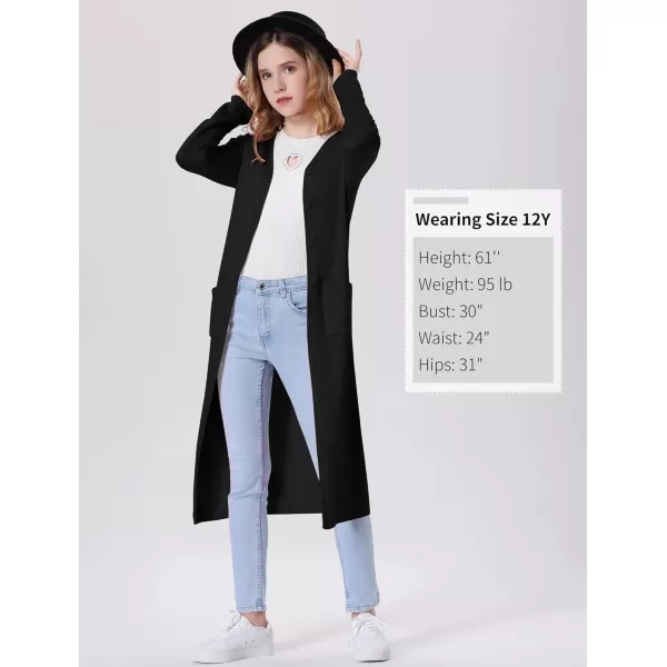 Mebius Girls Long Cardigan Sweaters Open Front Button Down V Neck Long Sleeve Knit Outwear with Pockets 612YBlack