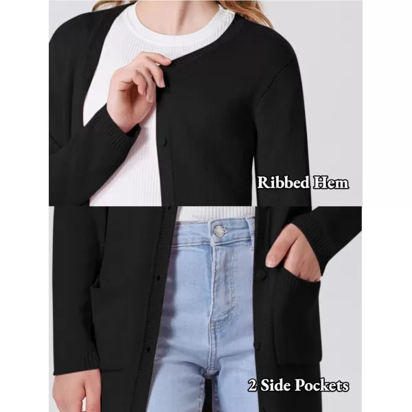 Mebius Girls Long Cardigan Sweaters Open Front Button Down V Neck Long Sleeve Knit Outwear with Pockets 612YBlack
