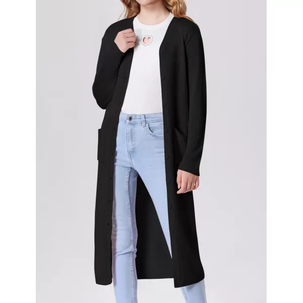 Mebius Girls Long Cardigan Sweaters Open Front Button Down V Neck Long Sleeve Knit Outwear with Pockets 612YBlack