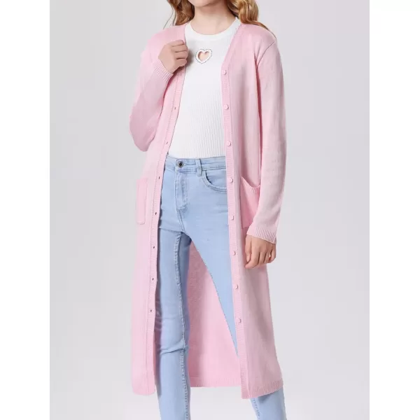 Mebius Girls Long Cardigan Sweaters Open Front Button Down V Neck Long Sleeve Knit Outwear with Pockets 612YPink