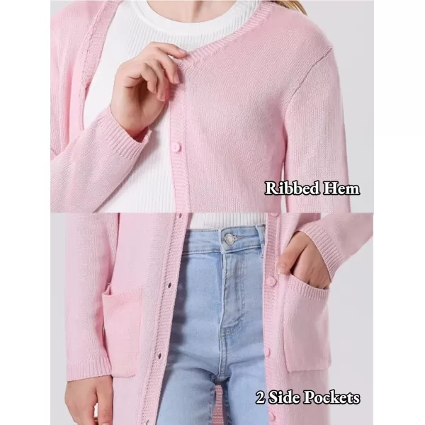 Mebius Girls Long Cardigan Sweaters Open Front Button Down V Neck Long Sleeve Knit Outwear with Pockets 612YPink