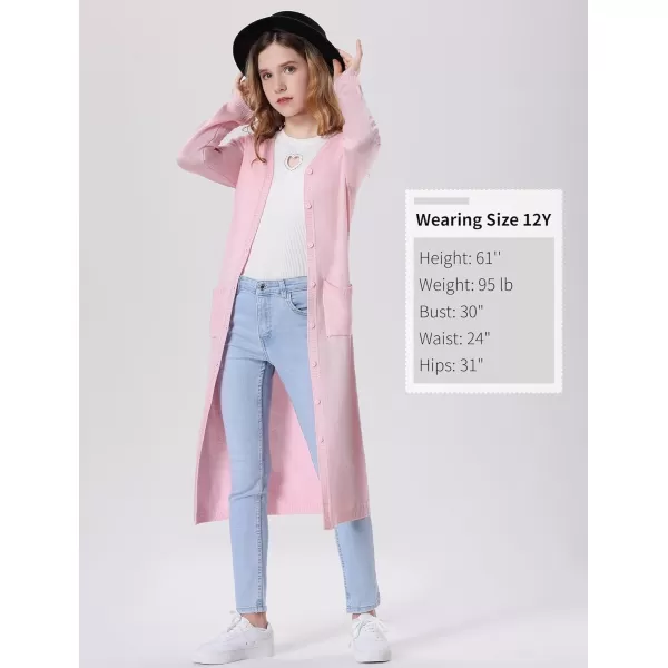 Mebius Girls Long Cardigan Sweaters Open Front Button Down V Neck Long Sleeve Knit Outwear with Pockets 612YPink