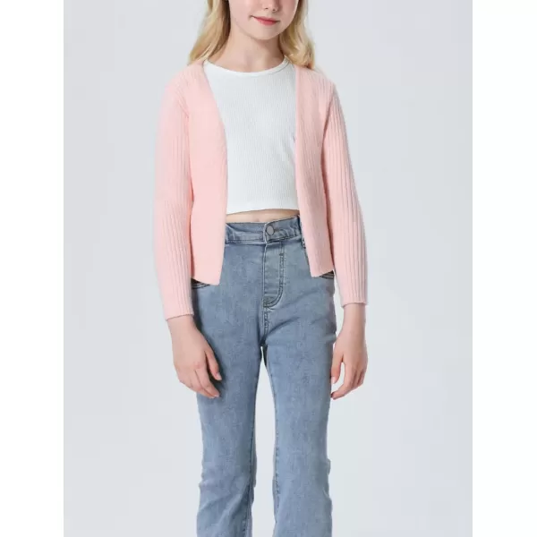 Mebius Girls Long Sleeve Cropped Cardigan Sweater Kids Ribbed Knit V Neck Tie Front Bolero Shrug Top School CasualPink