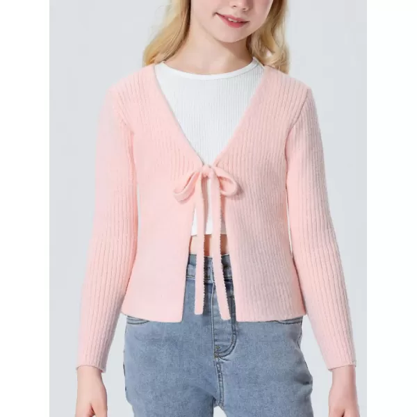 Mebius Girls Long Sleeve Cropped Cardigan Sweater Kids Ribbed Knit V Neck Tie Front Bolero Shrug Top School CasualPink