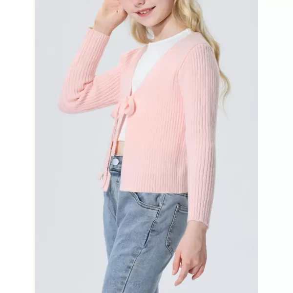 Mebius Girls Long Sleeve Cropped Cardigan Sweater Kids Ribbed Knit V Neck Tie Front Bolero Shrug Top School CasualPink