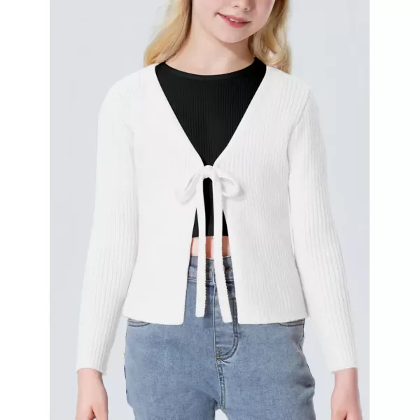 Mebius Girls Long Sleeve Cropped Cardigan Sweater Kids Ribbed Knit V Neck Tie Front Bolero Shrug Top School CasualWhite