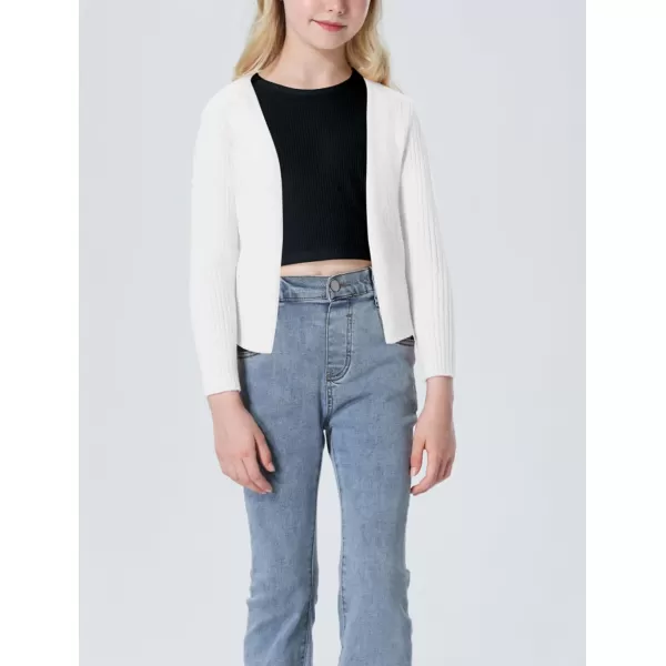 Mebius Girls Long Sleeve Cropped Cardigan Sweater Kids Ribbed Knit V Neck Tie Front Bolero Shrug Top School CasualWhite