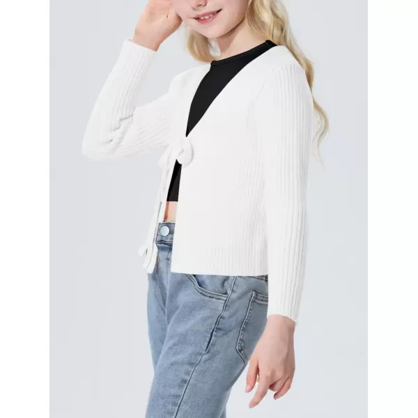 Mebius Girls Long Sleeve Cropped Cardigan Sweater Kids Ribbed Knit V Neck Tie Front Bolero Shrug Top School CasualWhite
