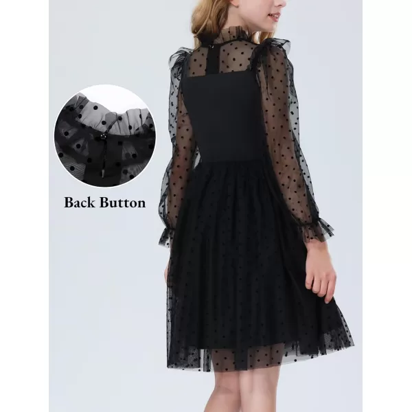Mebius Girls Mesh Puff Sleeve Sweetheart Neck High Waist Flowy A Line Dress Party Special Occasion 612YBlack Dotl
