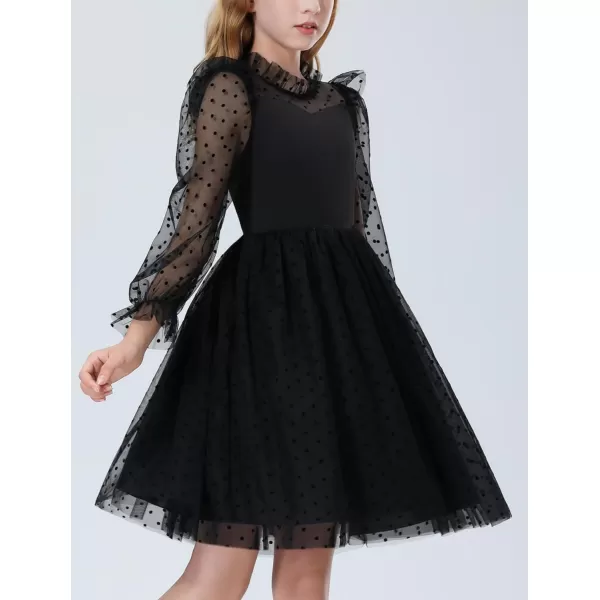 Mebius Girls Mesh Puff Sleeve Sweetheart Neck High Waist Flowy A Line Dress Party Special Occasion 612YBlack Dotl