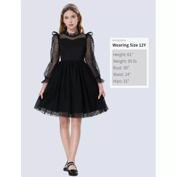 Mebius Girls Mesh Puff Sleeve Sweetheart Neck High Waist Flowy A Line Dress Party Special Occasion 612YBlack Dotl