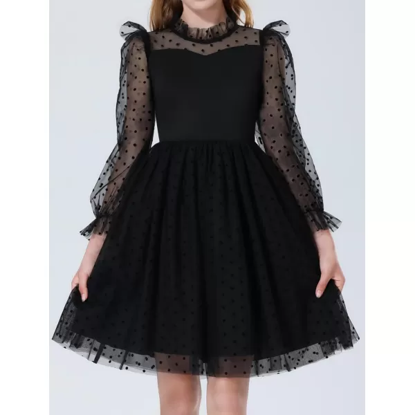 Mebius Girls Mesh Puff Sleeve Sweetheart Neck High Waist Flowy A Line Dress Party Special Occasion 612YBlack Dotl
