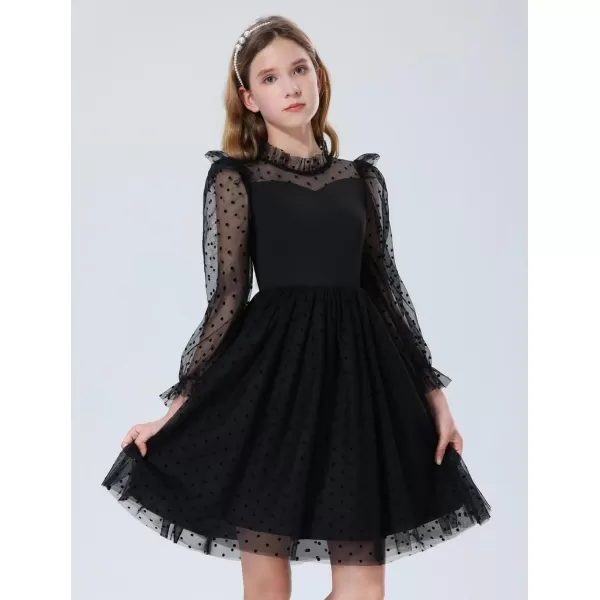 Mebius Girls Mesh Puff Sleeve Sweetheart Neck High Waist Flowy A Line Dress Party Special Occasion 612YBlack Dotl