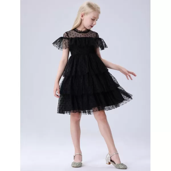 Mebius Girls Mesh Puff Sleeve Sweetheart Neck High Waist Flowy A Line Dress Party Special Occasion 612YBlack Dots