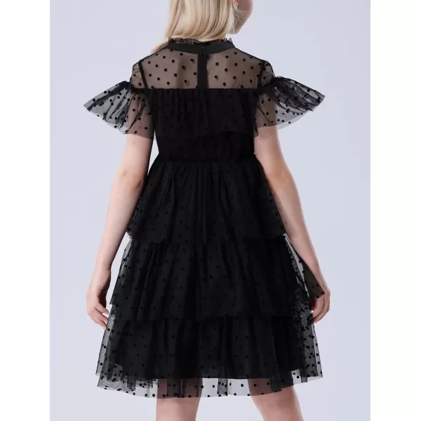 Mebius Girls Mesh Puff Sleeve Sweetheart Neck High Waist Flowy A Line Dress Party Special Occasion 612YBlack Dots