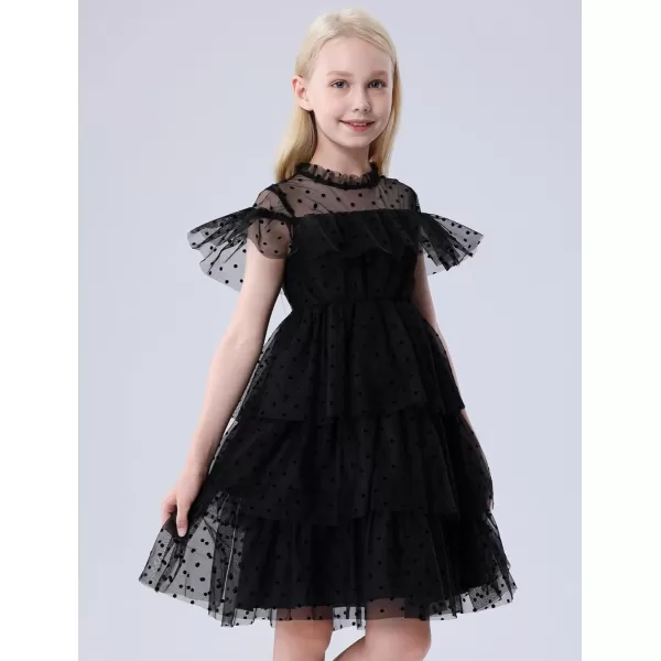 Mebius Girls Mesh Puff Sleeve Sweetheart Neck High Waist Flowy A Line Dress Party Special Occasion 612YBlack Dots