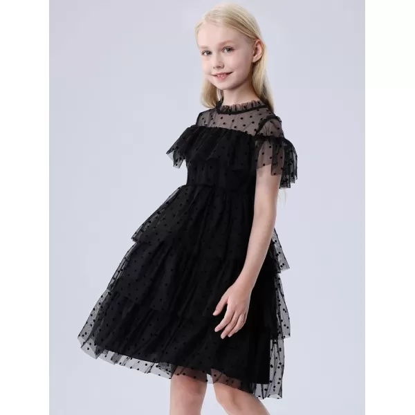 Mebius Girls Mesh Puff Sleeve Sweetheart Neck High Waist Flowy A Line Dress Party Special Occasion 612YBlack Dots