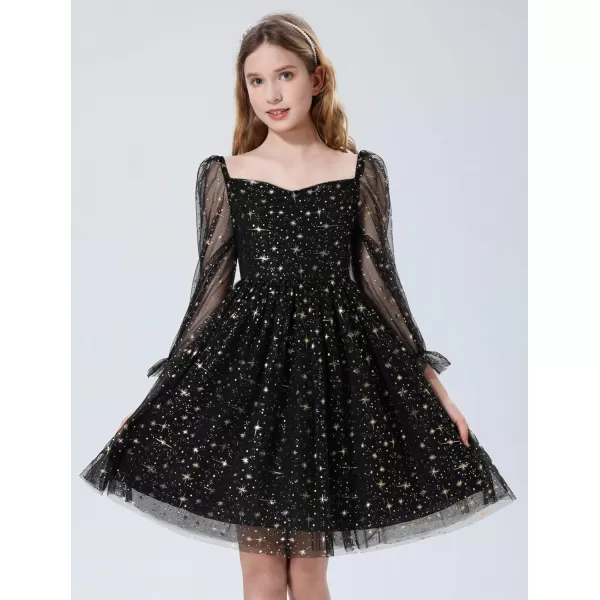 Mebius Girls Mesh Puff Sleeve Sweetheart Neck High Waist Flowy A Line Dress Party Special Occasion 612YBlack Starl