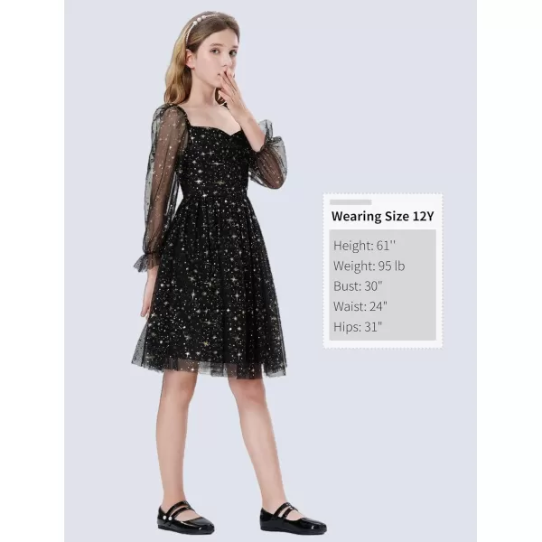 Mebius Girls Mesh Puff Sleeve Sweetheart Neck High Waist Flowy A Line Dress Party Special Occasion 612YBlack Starl
