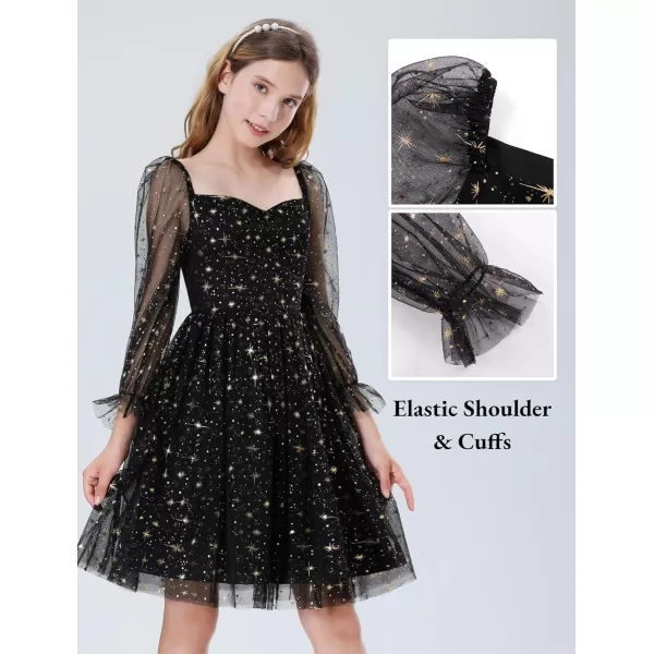 Mebius Girls Mesh Puff Sleeve Sweetheart Neck High Waist Flowy A Line Dress Party Special Occasion 612YBlack Starl