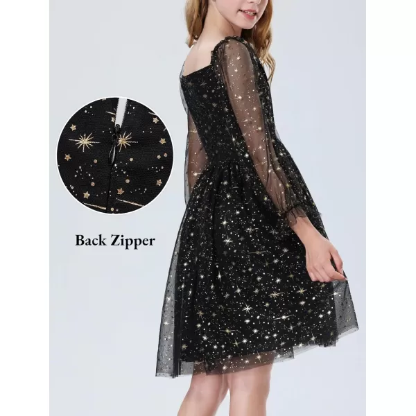 Mebius Girls Mesh Puff Sleeve Sweetheart Neck High Waist Flowy A Line Dress Party Special Occasion 612YBlack Starl