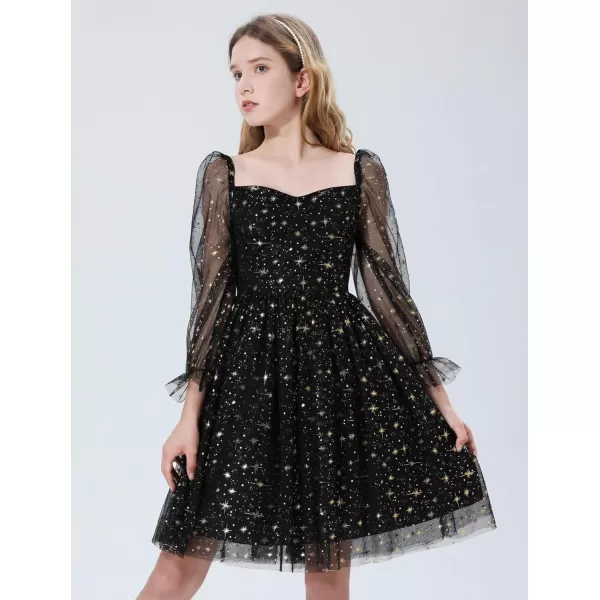 Mebius Girls Mesh Puff Sleeve Sweetheart Neck High Waist Flowy A Line Dress Party Special Occasion 612YBlack Starl