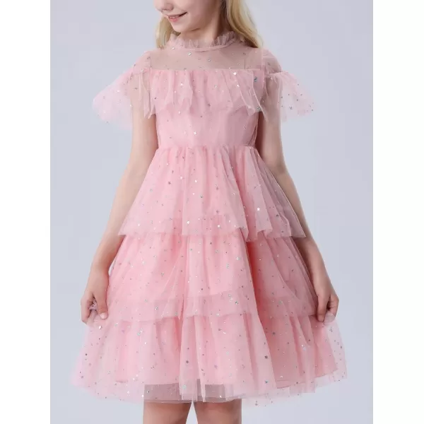 Mebius Girls Mesh Puff Sleeve Sweetheart Neck High Waist Flowy A Line Dress Party Special Occasion 612YPink