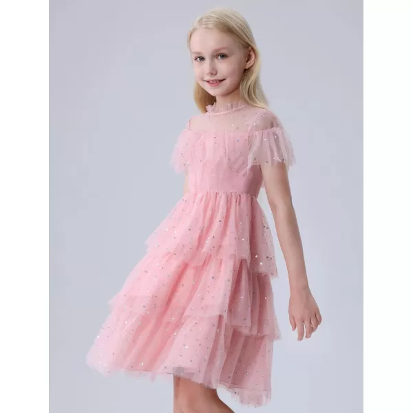 Mebius Girls Mesh Puff Sleeve Sweetheart Neck High Waist Flowy A Line Dress Party Special Occasion 612YPink