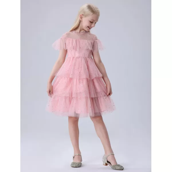 Mebius Girls Mesh Puff Sleeve Sweetheart Neck High Waist Flowy A Line Dress Party Special Occasion 612YPink