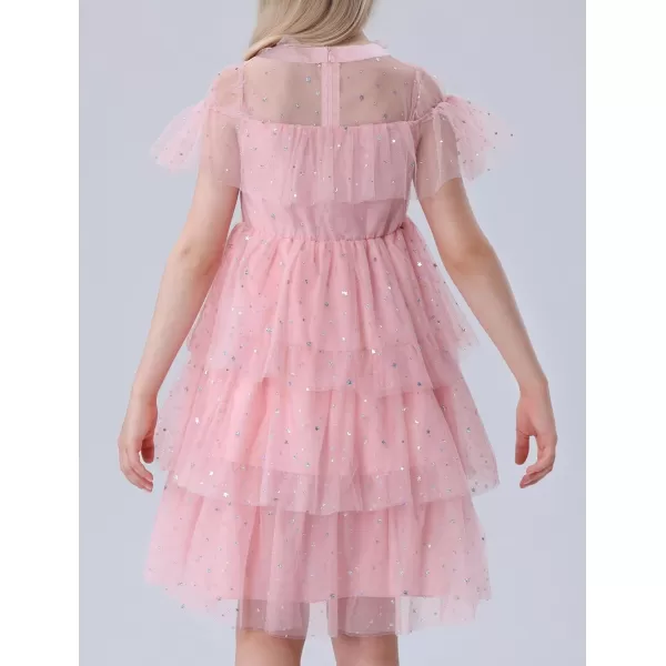 Mebius Girls Mesh Puff Sleeve Sweetheart Neck High Waist Flowy A Line Dress Party Special Occasion 612YPink